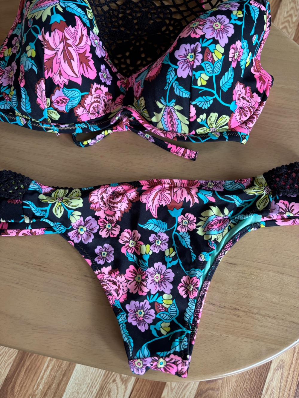Shade & Shore Black Bikini Set with Pink and Aqua Floral Print